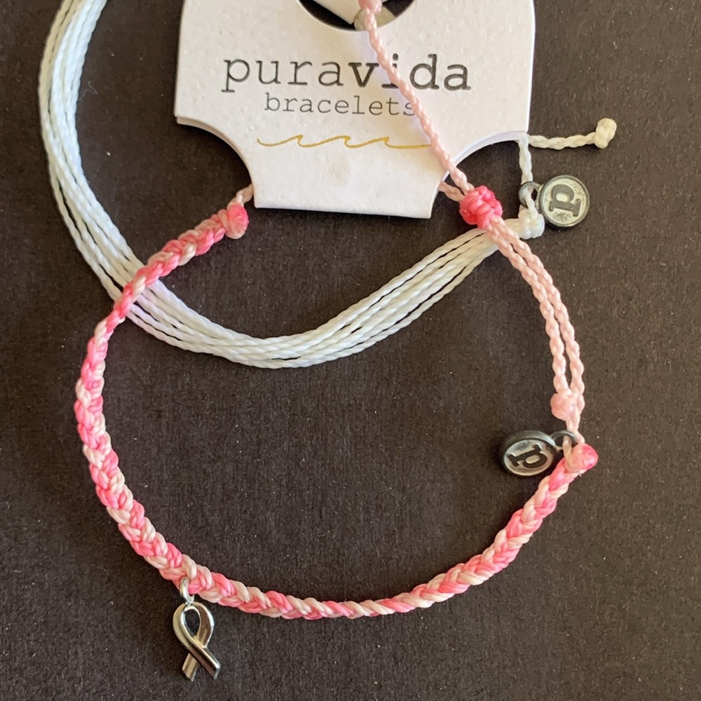 Set of 2 Pura Vida braided Pink ribbon charm and White string Bracelets
